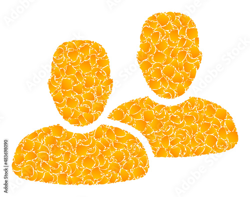 Vector golden clients mosaic icon. Clients is isolated on a white background. Golden particles mosaic based on clients icon. Collage clients iconic image is created of yellow elements.