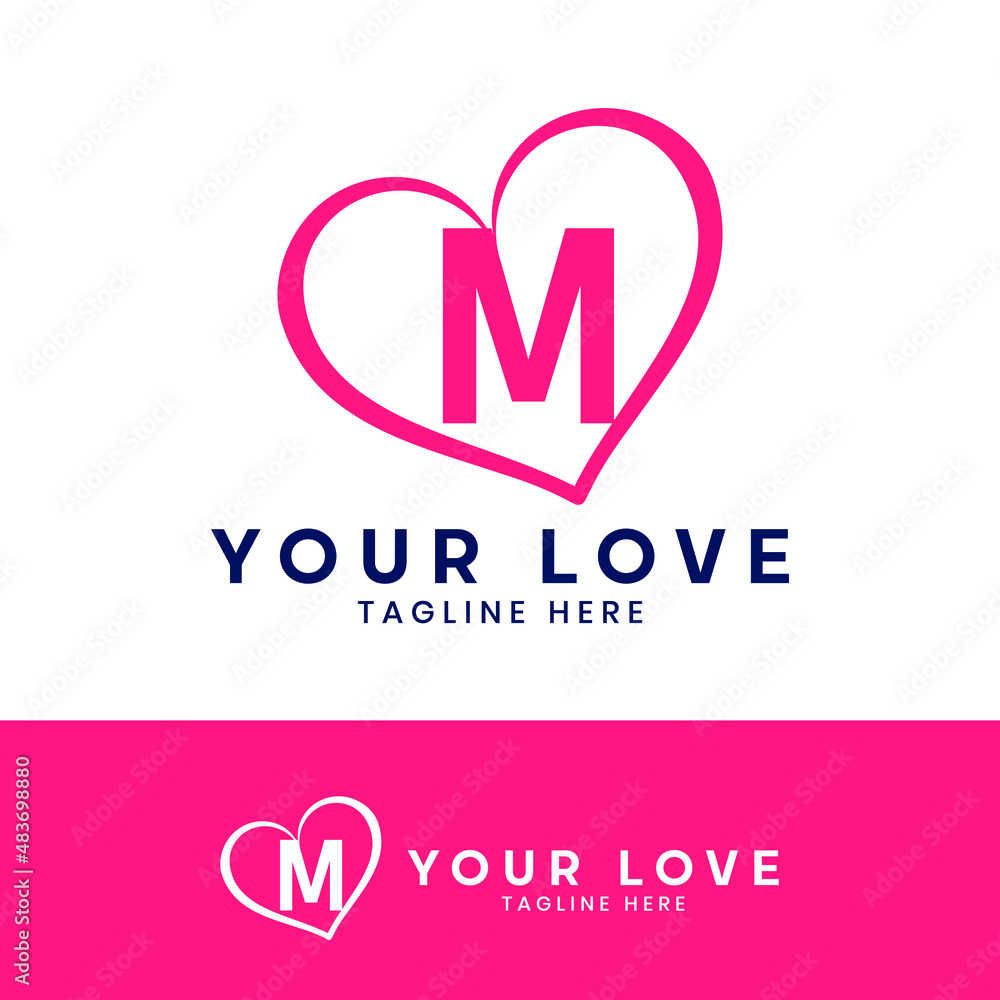 M letter logo with heart icon, valentines day concept