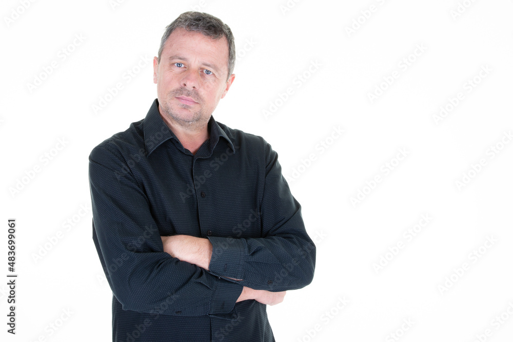 man middle aged standing on white background handsome guy in black shirt man middle aged standing on white background handsome guy in black shirt