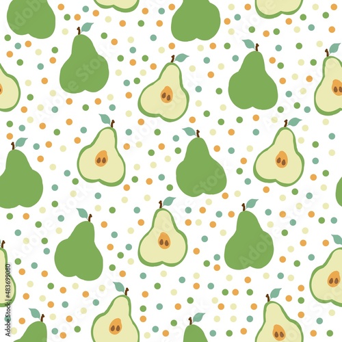 Simple pear pattern. Ripe green pears. Colored dots. White background. Vector texture. Elegant fashionable print for wallpaper.