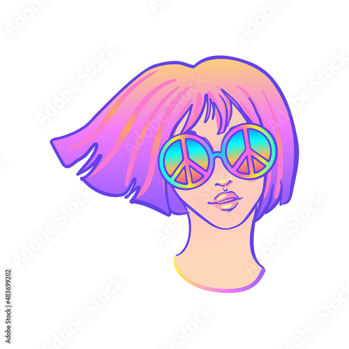 Hippie fashion girl in sunglasses with peace sign. Vector illustration of Flower Child isolated on white. Boho chic style art. Vibrant colors. Festival look.