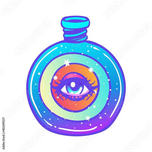Magic potion: rainbow bottle jar with all seeing eye inside. Psychedelic hall...