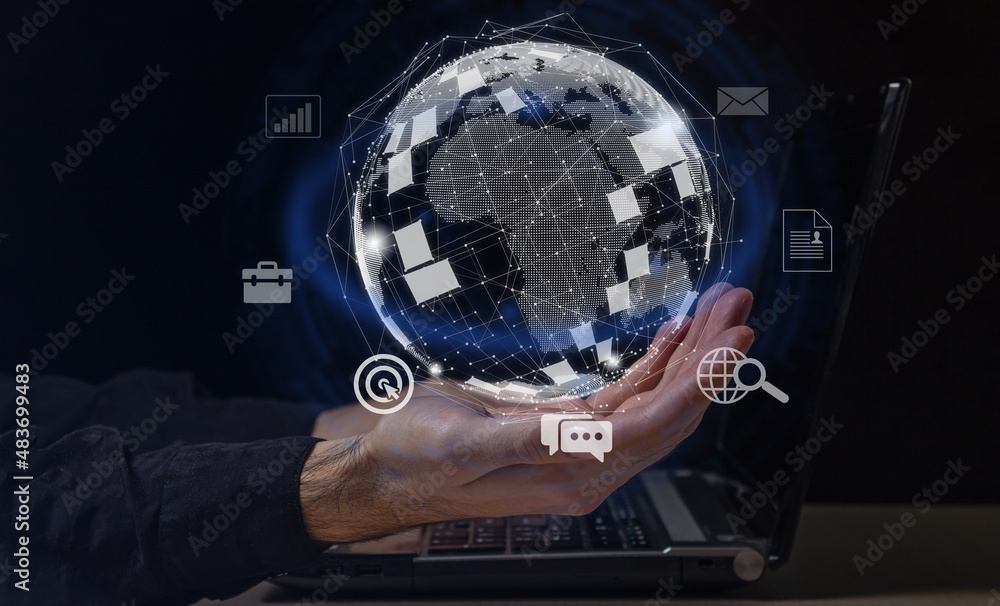 Projection of the planet and the global internet. Concept of globality of customer network structure, data exchange connections, digital marketing, communication network and internet business. Projection of the planet and the global internet. Concept of globality of customer network structure, data exchange connections, digital marketing, communication network and internet business.