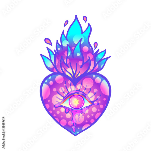 Sacred heart with eye and burning flame. Traditional Mexican heart. Hand draw...