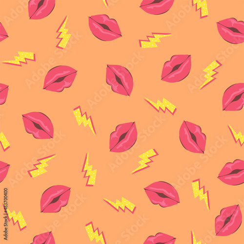 juicy and bright seamless pattern with lightning bolts and lips