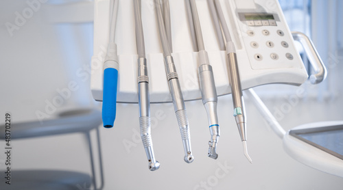 Close up of modern dentist tools  polishing machines with blurred background