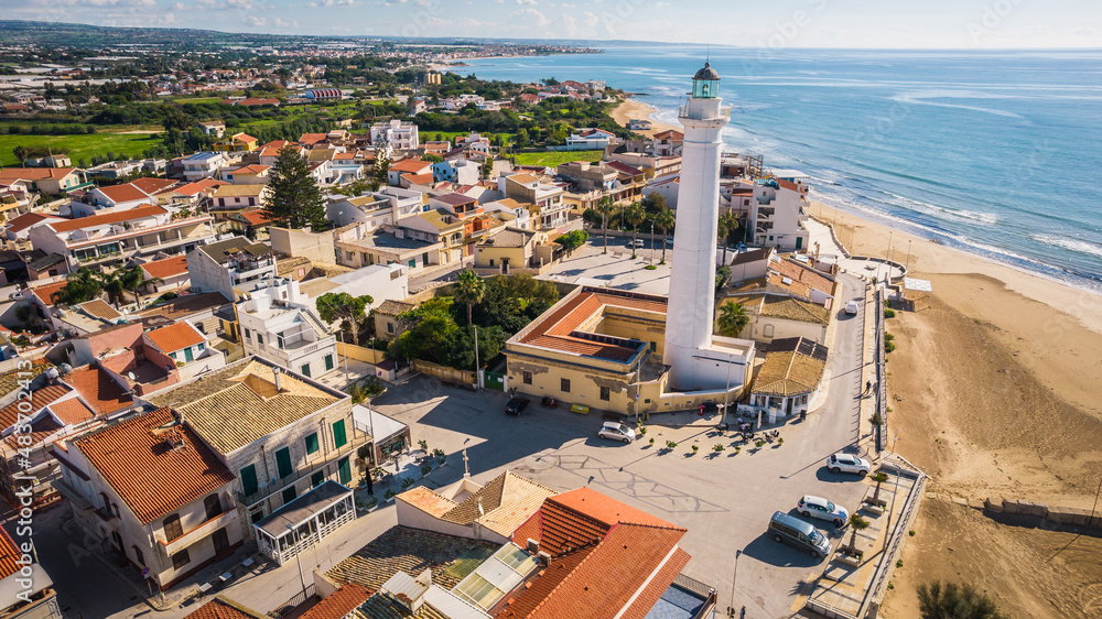 Foto Stock Aerial View of Famous Punta Secca Lighthouse, Santa Croce  Camerina, Ragusa, Sicily, Italy, Europe | Adobe Stock