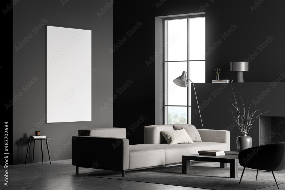 Fototapeta premium Grey living room interior with sofa and coffee table near window, mockup poster