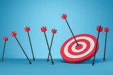Arrows miss then hit a red target, achievement and success