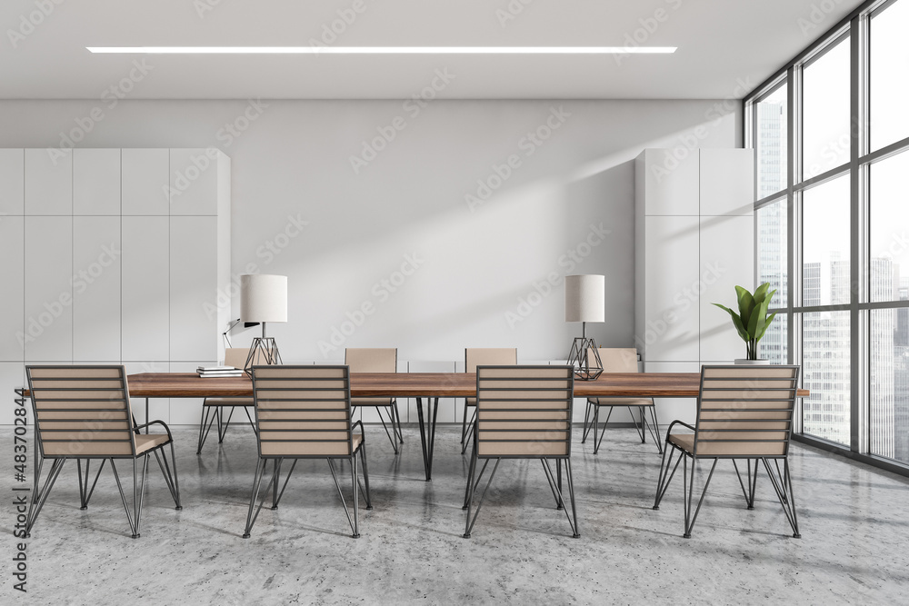 Light office room with minimalist furniture, panoramic windows and mockup Light office room with minimalist furniture, panoramic windows and mockup