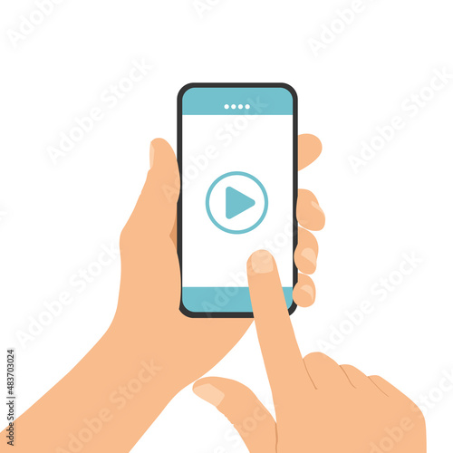 Flat design illustration of a man's hand holding a touch screen mobile phone. On smartphone watching video with play button, vector