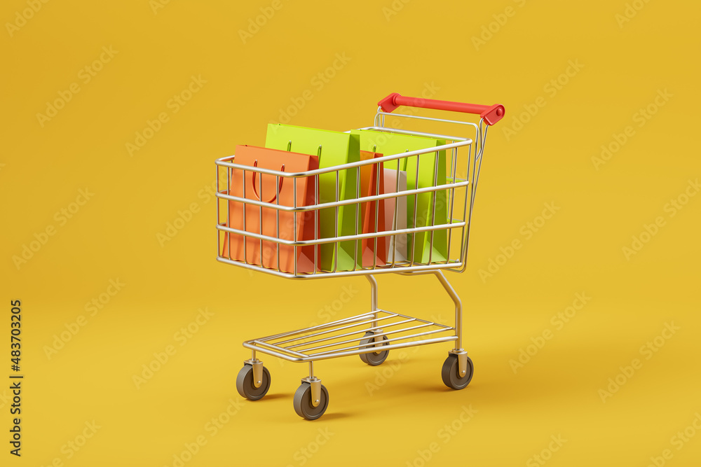 Cart with packages on bright background, parcels delivery