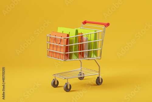Cart with packages on bright background, parcels delivery