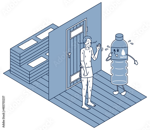 サウナ後に水分補給をしない男性アイソメイラスト