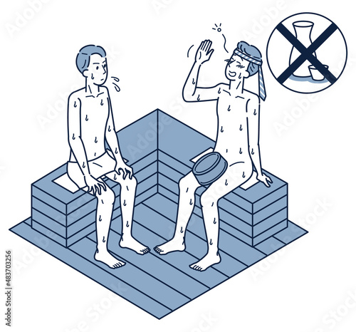泥酔してサウナに入る男性と心配そうに見る男性のアイソメイラスト