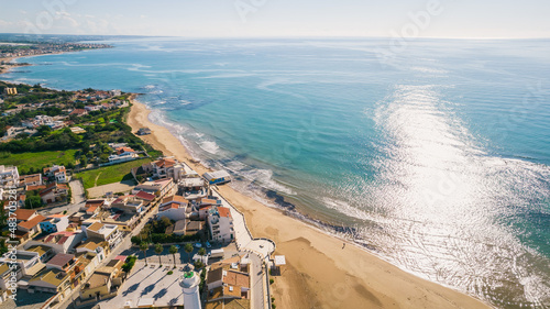 Aerial View of Punta Secca and Mediterranean Sea, Santa Croce Camerina, Ragusa, Sicily, Italy, Europe photo