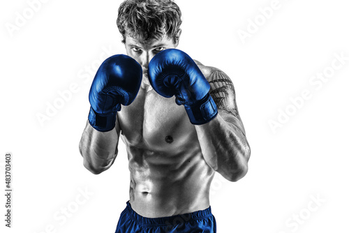 Portrait of boxer in blue gloves who stands on white background. Black and white silhouette 