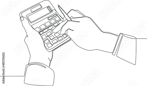 Continuous line drawing of people, calculate of company income using calculator. Vector illustration. Company budget. photo