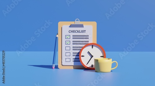 business checklist concept with some todo list with clock time and pencil . 3d illustration rendering