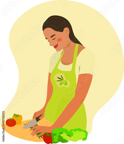 The girl prepares healthy food, cuts vegetables and herbs. Healthy food vector concept