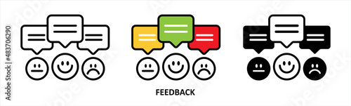 Feedback emoji icons vector design. Bad and Good Review. Happy and Sad reaction. Chatting or messaging bubbles with emoji icons.