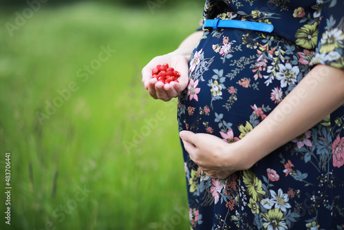 Pregnant woman holding many fresh strawberries in her hands with green nature background. Sharing fresh strawberries from the garden.