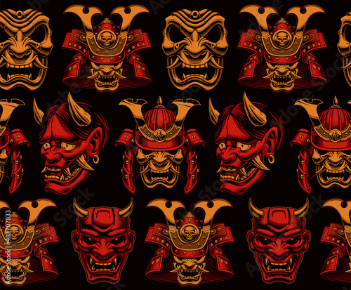 Samurai Seamless Pattern, a background with different Japanese masks photo