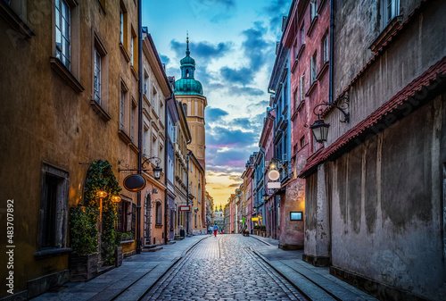 Evening view on Piwna street Warsaw  Poland. View of the old town in the historic center of Warsaw.