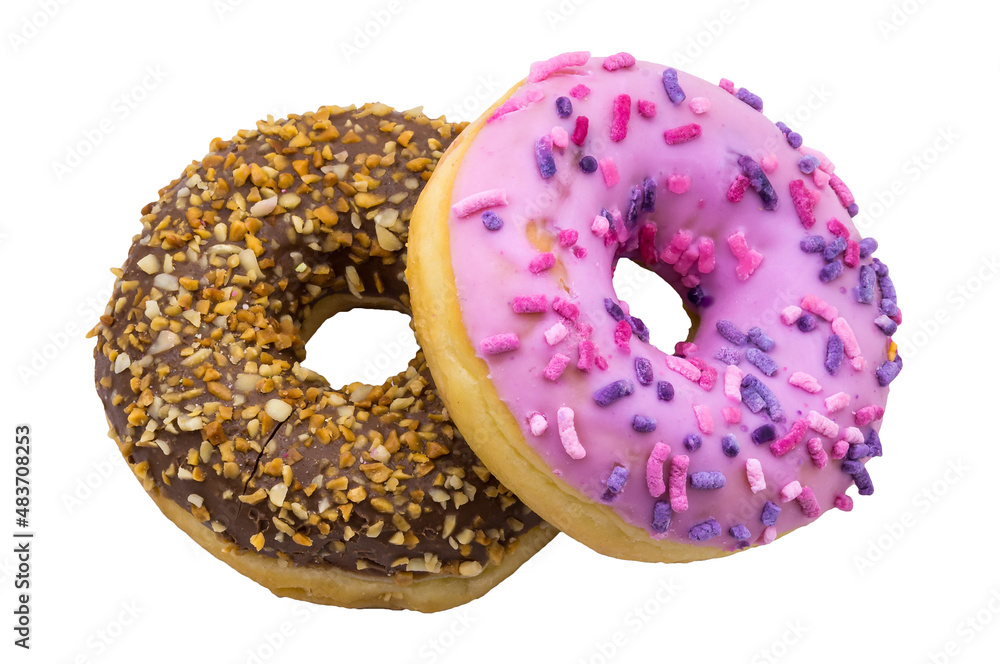 pink and brown doughnut, chocolate and berry doughnut, strawberry and raspberry doughnuts, walnut donut on a white background pink and brown doughnut, chocolate and berry doughnut, strawberry and raspberry doughnuts, walnut donut on a white background