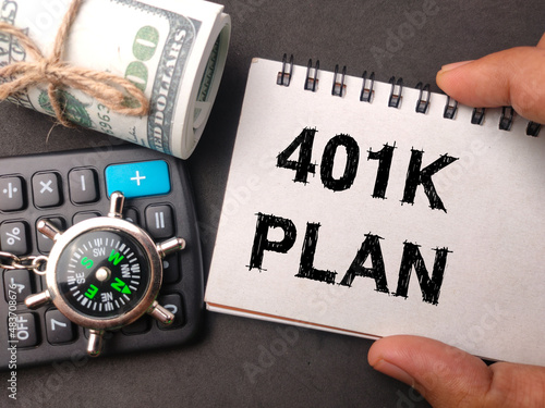 Top view calculator,compass and banknotes with text 401K PLAN on black background.