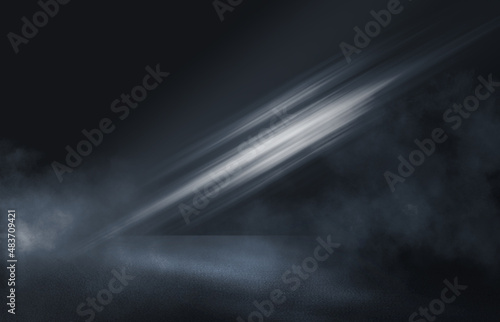Lantern, smoke and fog on the background of an empty street. Dark abstract background. 3d illustration