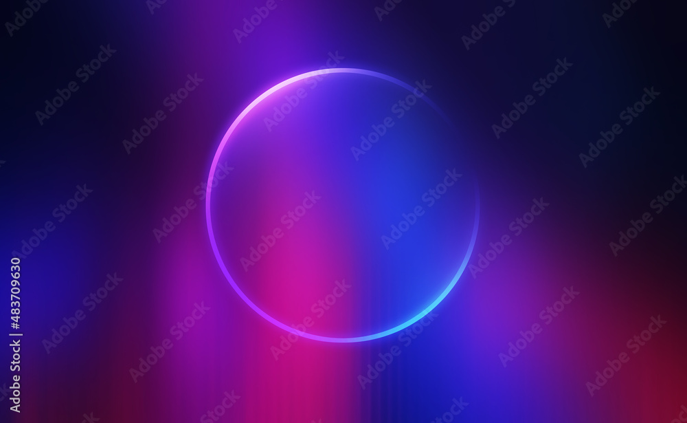 Neon circle shape in the center of the image. Dark abstract background, neon glow