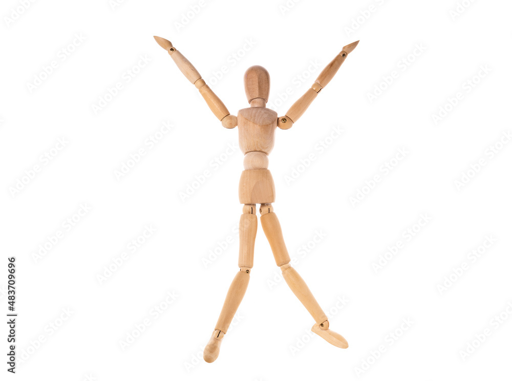 wooden man jumped arms and legs to the sides isolated on white background wooden man jumped arms and legs to the sides isolated on white background