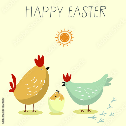 Happy Easter lettering with vector illustration of a hen and a rooster with a newly hatched chick, for invitations, birthdays, cards, banners.