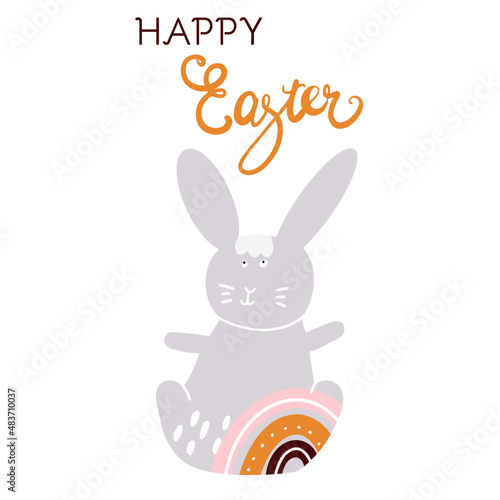 Hare  silhouette  rabbit  decorated with rainbow  boho colors  hand drawing  text Happy Easter invitation design  postcard