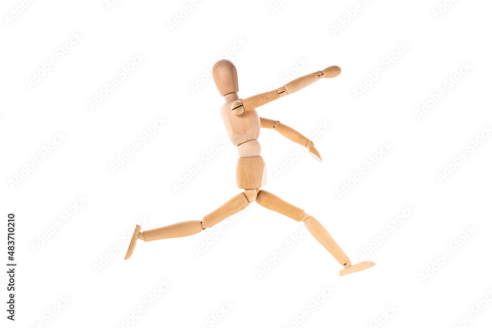 wooden man running arms outstretched isolated on white background wooden man running arms outstretched isolated on white background