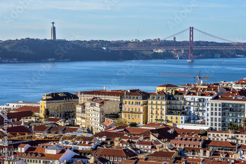 Lisboa Tago River 25th april bridge aerial panorama. Lisbon, Portugal © Francesco	Valenti