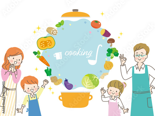 家族で楽しく料理をするイメージイラスト素材