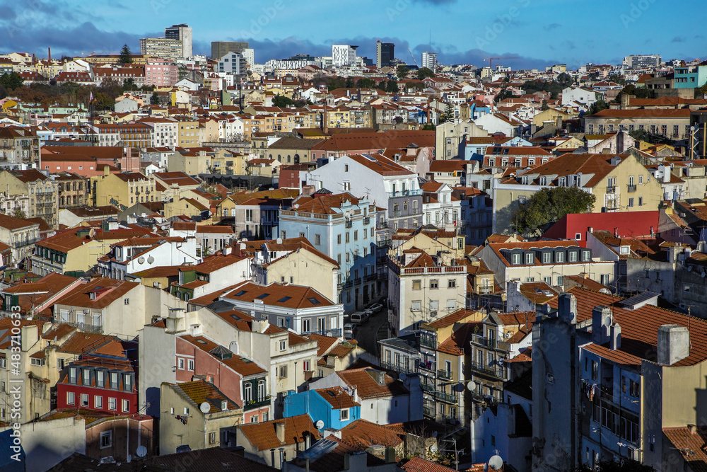 Alfama District Aerial view panorama. Lisbon, Portugal