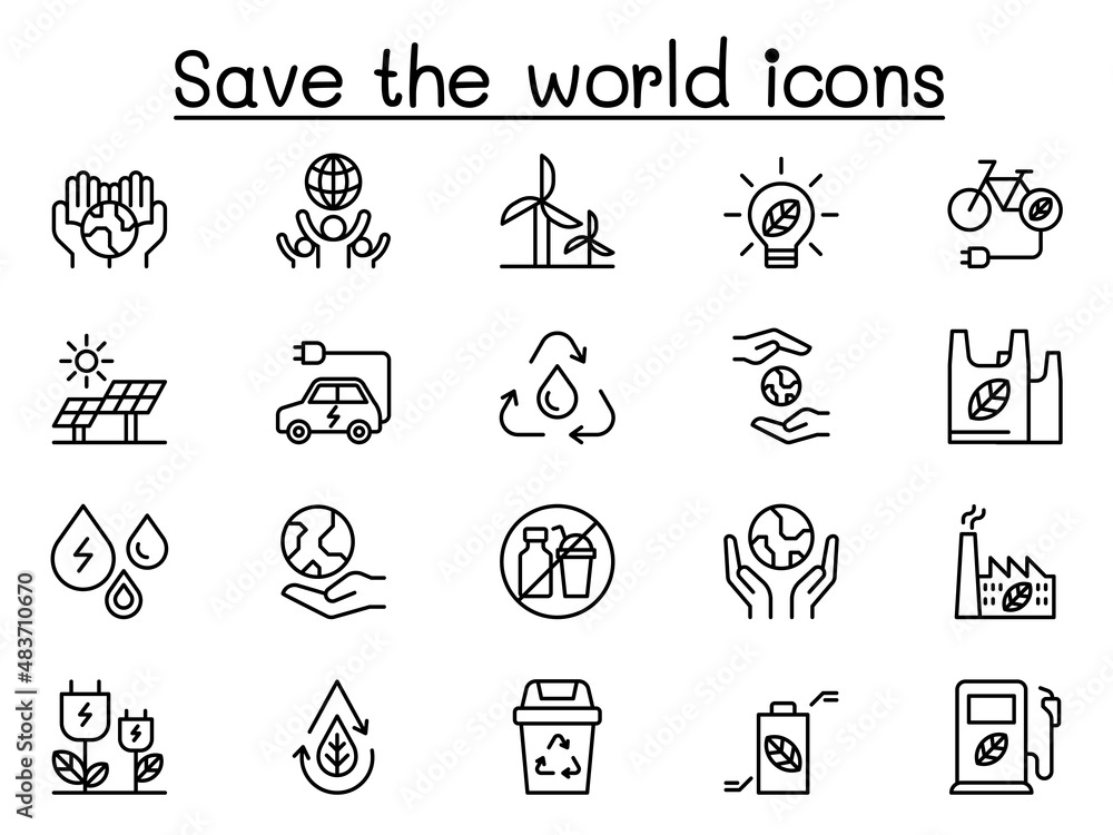 Save the world icons set in thin line style