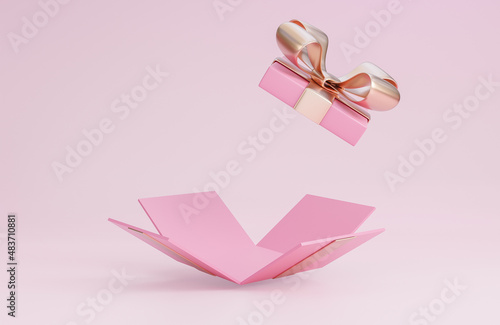 Happy valentine's day banner with open pink gift box on pink background.,3d model and illustration.
