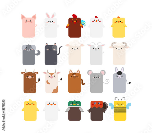 Rectangular farm animal faces icon set isolated on white background. Cute cartoon elongated square shape kawaii avatar kids character. Vector flat clip art illustration for mobile ui game application.