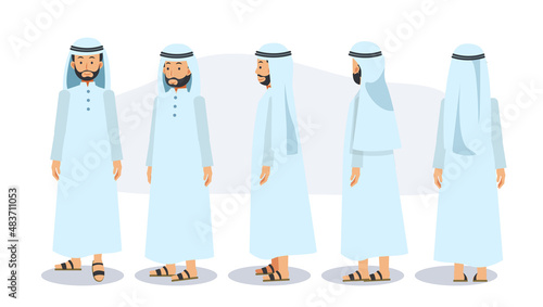 Cartoon character of muslim man. front, side, back, 3-4 view character. flat vector illustration.