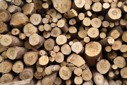 Firewood background. Pile of dry chopped wooden logs. Firewood storage.