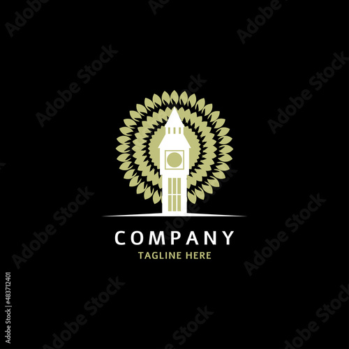 big ben clock tower logo. building construction illustration design, clock tower monument icon and beautiful blooming leaf flower pattern. beautiful city architecture.