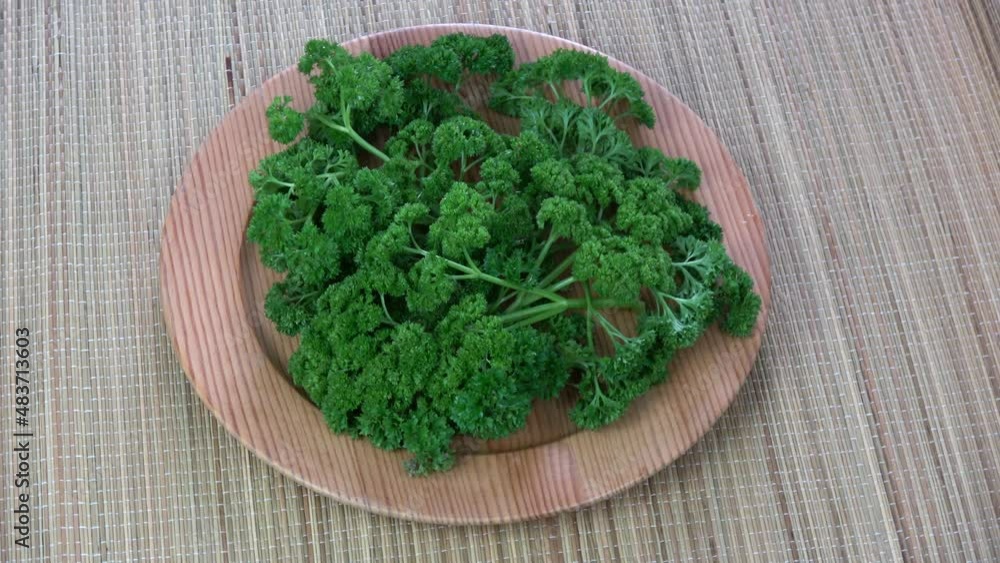 Fresh green healthy vegetable parsley rotating in wooden plate
Fresh green healthy vegetable parsley rotating in wooden plate