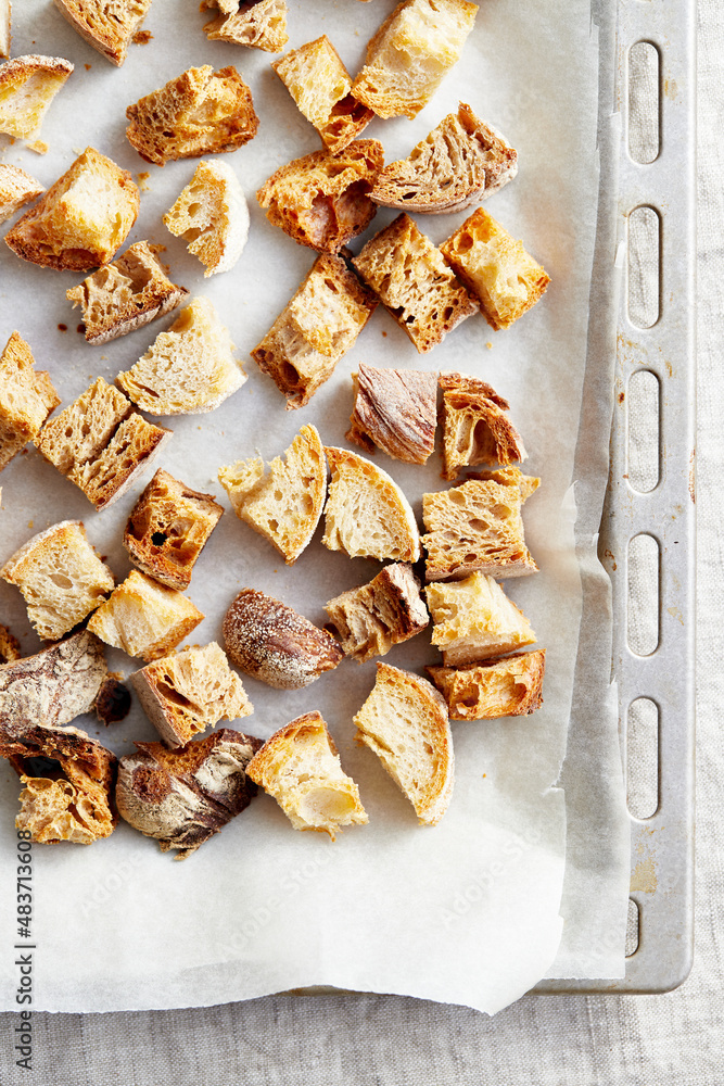 Roasted bread cubes on a baking tray Roasted bread cubes on a baking tray