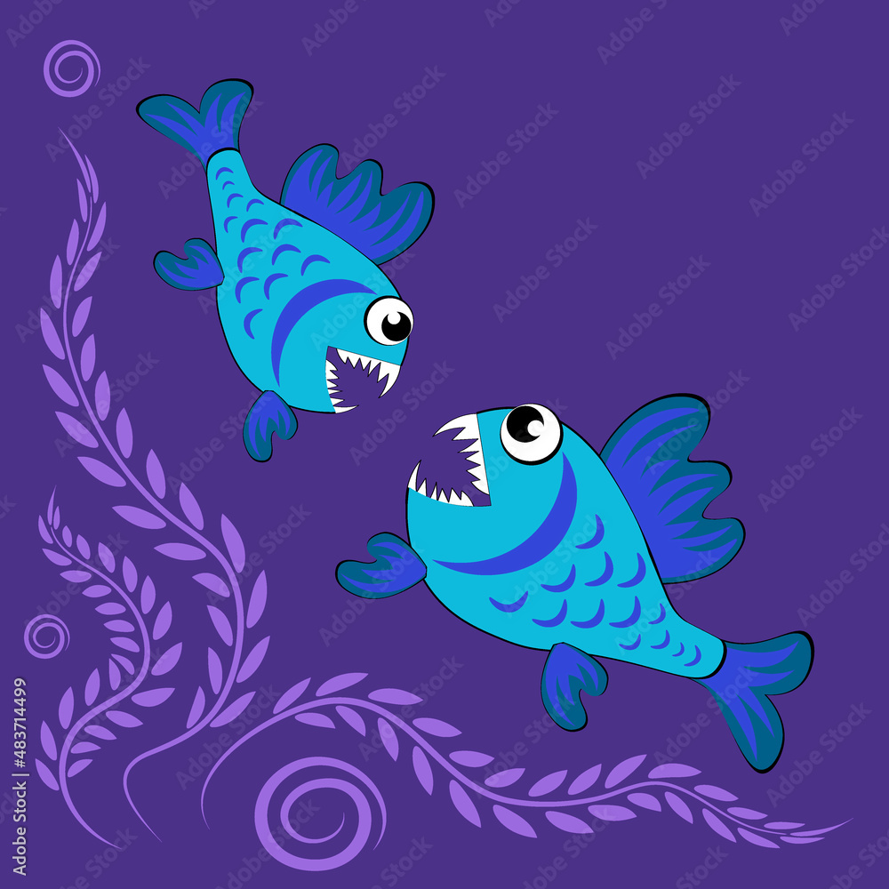 predatory evil piranha fish. Fabulous underwater world. Styling, cartoon style predatory evil piranha fish. Fabulous underwater world. Styling, cartoon style