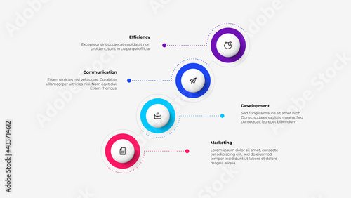 The infographic with 4 circles is placed diagonally with a dotted line. Business data visualization. Concept of timeline business development process
