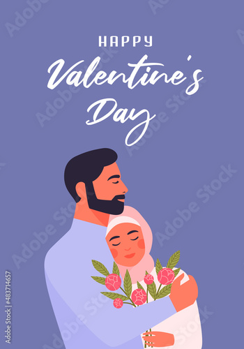 Happy valentine's day card with muslim couple. Flat vector illustration